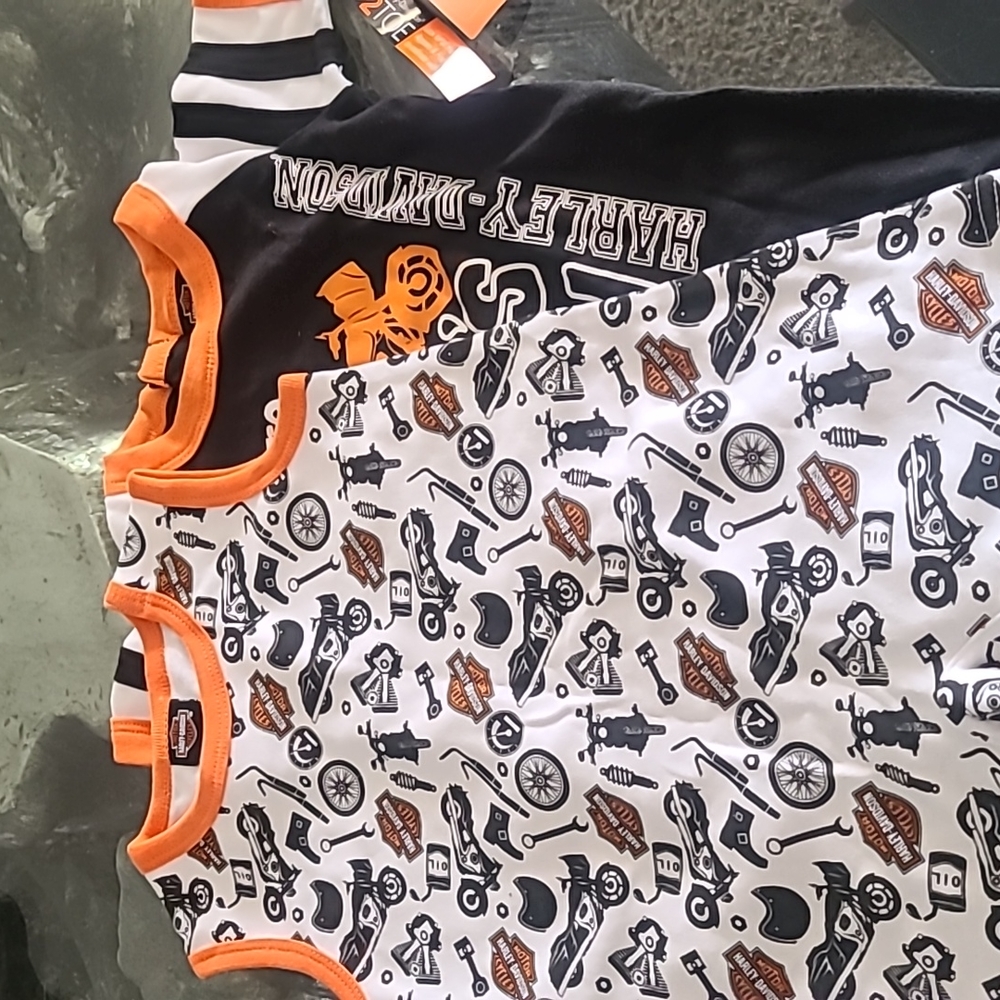 Harley Davidson, 12m, black, orange, and white, 2 piece set.